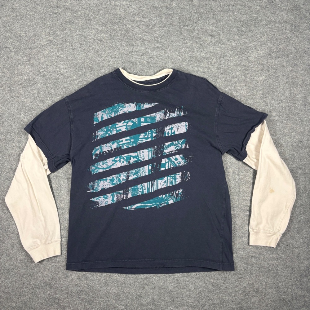 Tony Hawk Mens Large Navy Blue Cream Layered Long Sleeve Skater Graphic Tee
